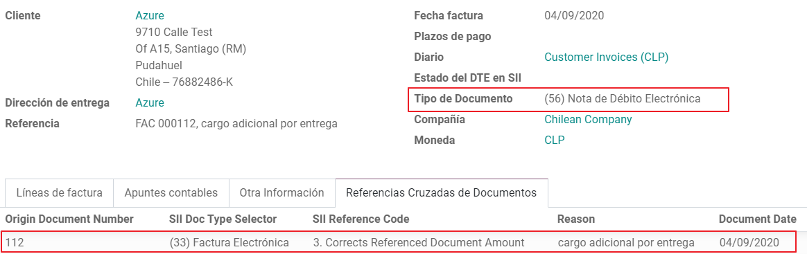 Invoice data on crossed reference section for debit notes.