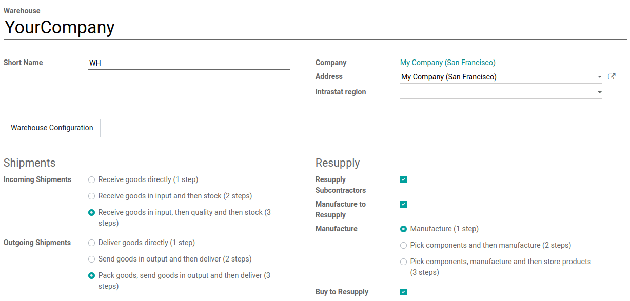 A preconfigured warehouse in Odoo Inventory.