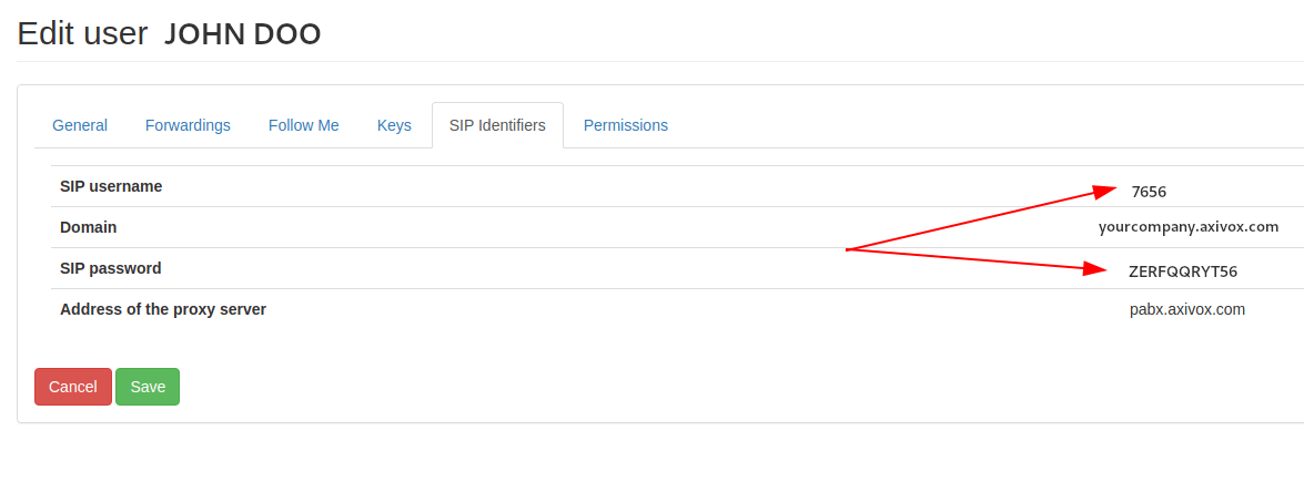 SIP credentials in the Axivox manager
