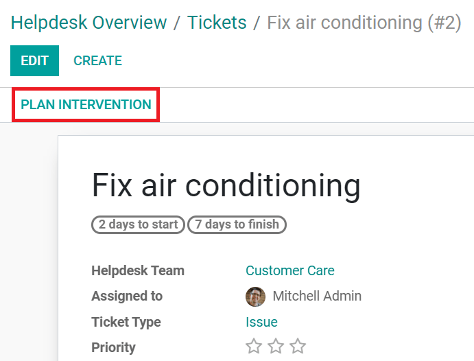 Plan intervention from helpdesk tickets in Odoo Helpdesk