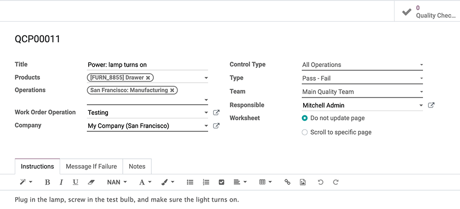 An example of a completed quality control point form for a Pass-Fail test.