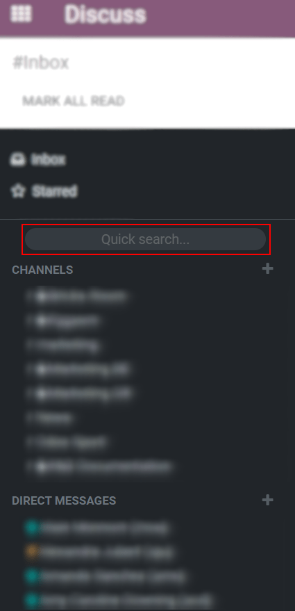 View of the Discuss’ sidebar emphasizing the quick search bar in Odoo Discuss