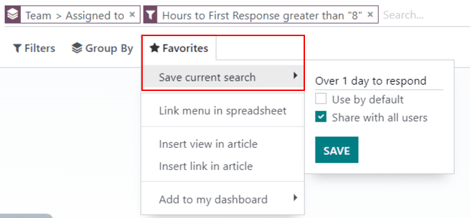 View of the save favorites option in Odoo Helpdesk.