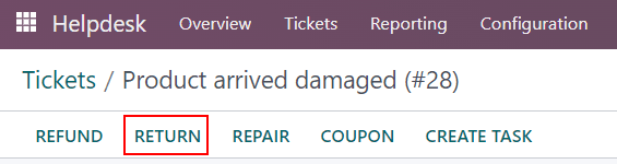 View of a Helpdesk ticket with the return button highlighted.