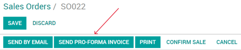 The Send Pro-Forma Invoice button on a typical sales order in Odoo Sales.