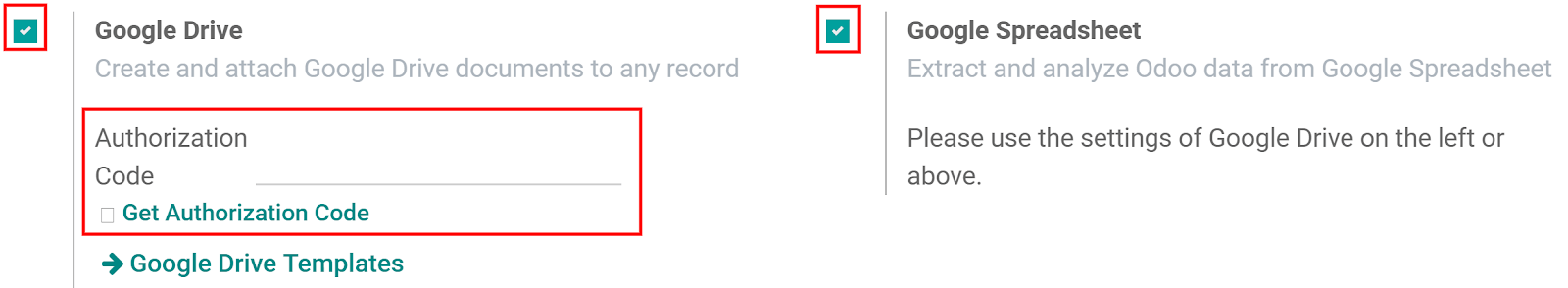 Enable the Google Drive and Google Spreadsheet features in Odoo