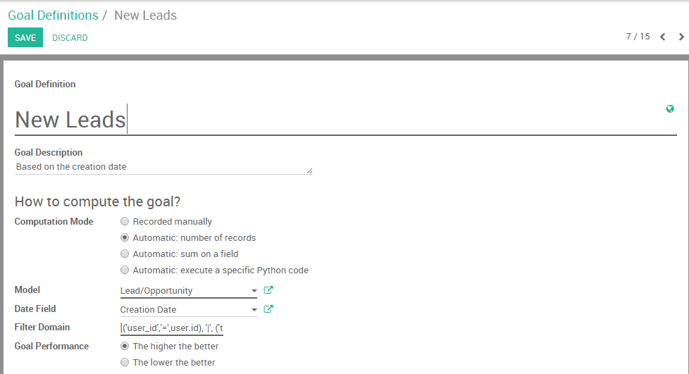 View of the goal definition form and a goal definition being created for Odoo Sales