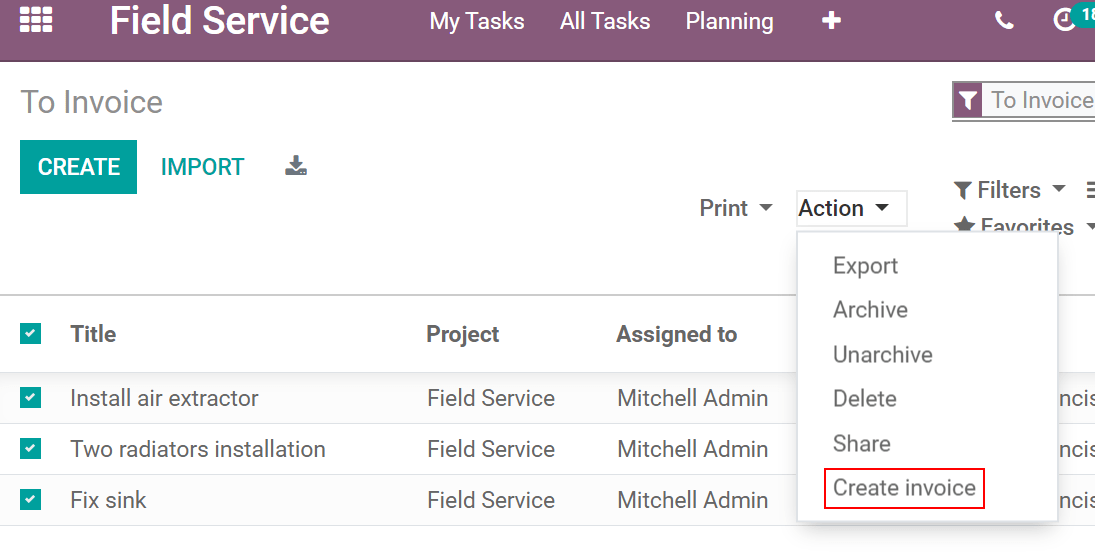 Invoice Task in Odoo Field Service