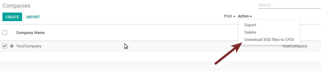 Download XSD files to CFDI from the Companies list view on Odoo
