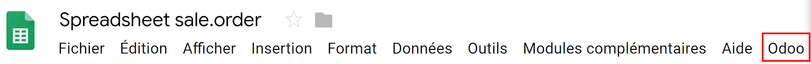 Menu called Odoo is shown on the settings bar in the Spreadsheet