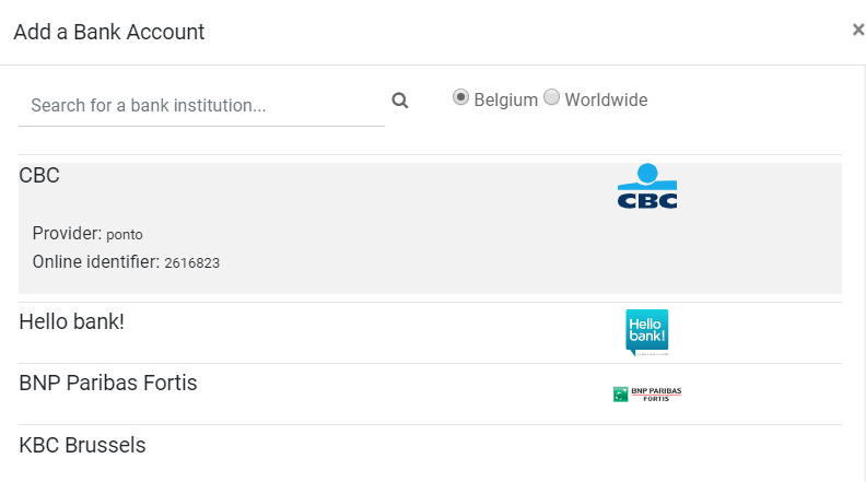 Click on a bank institution to see which third party service is required to synchronize your bank with Odoo Accounting