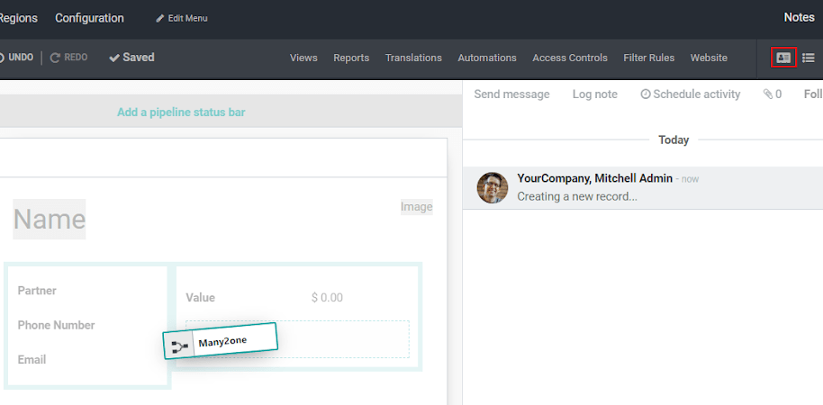 Form view and a Many2one field being dropped in Odoo Studio