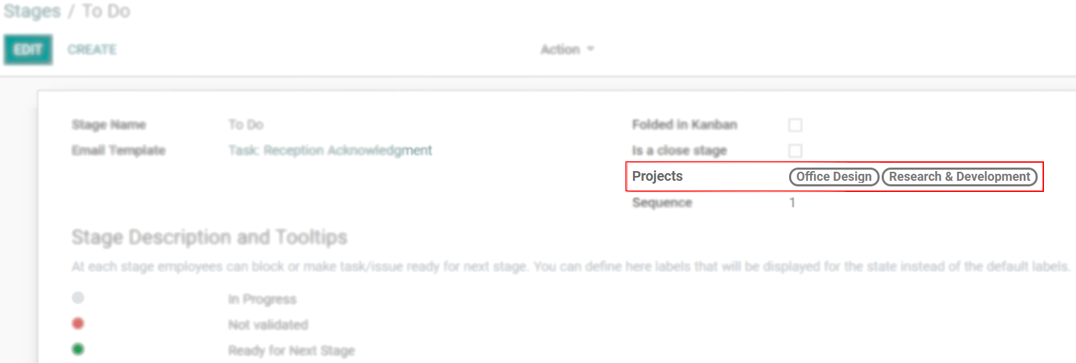 Open a stage and choose the projects to share it with in Odoo Project