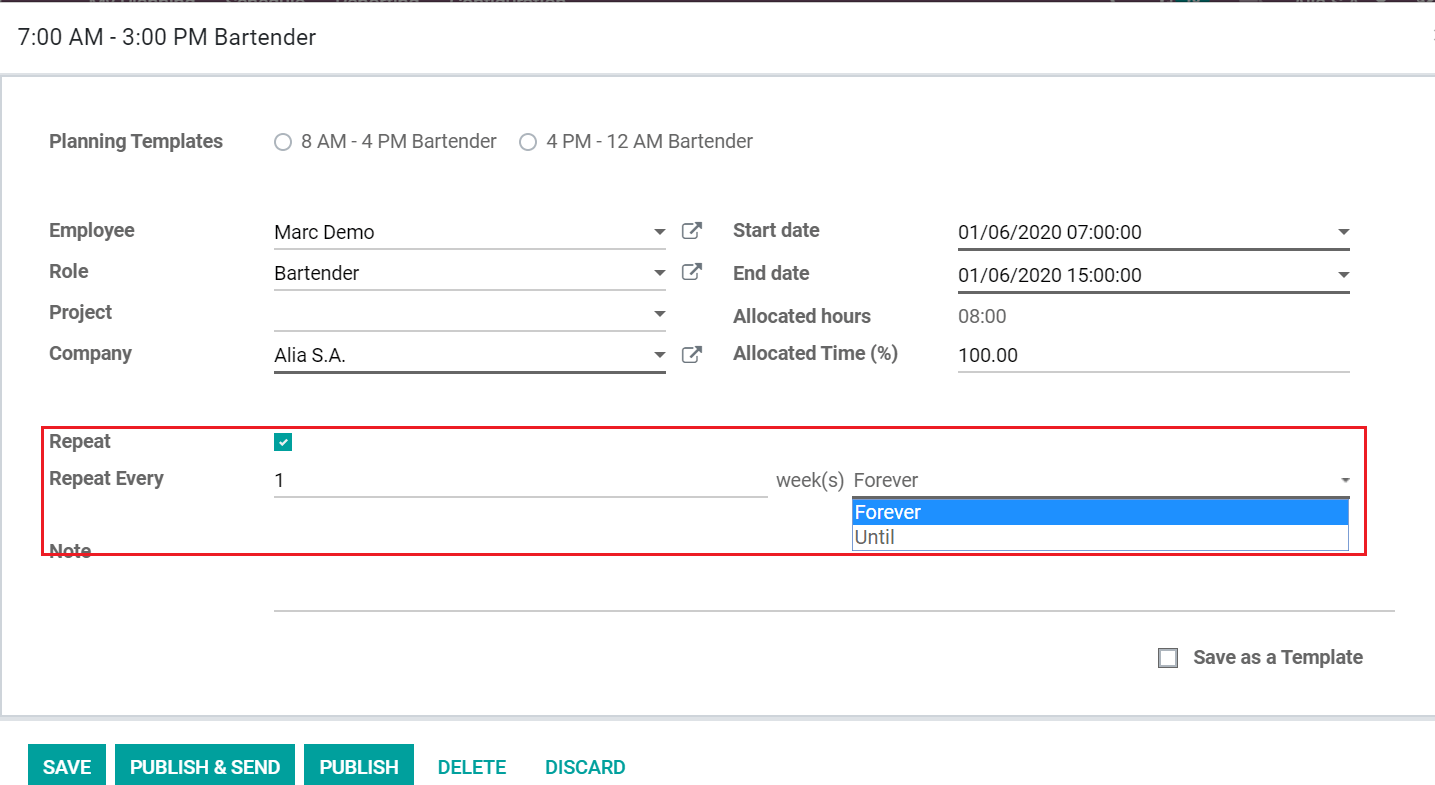 Repeat shifts in Odoo Planning Application