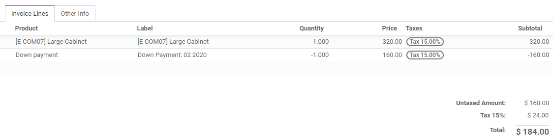 What is a basic sales flow using down payments on Odoo Sales (3)?