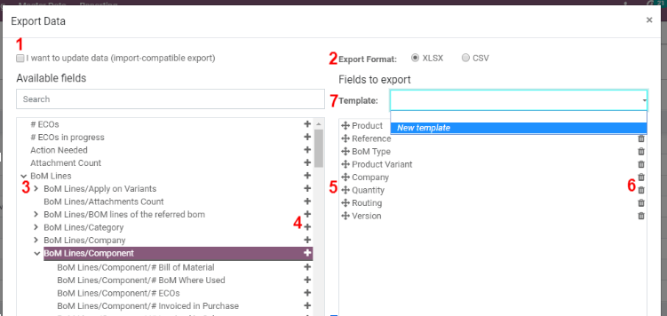 overview of all the options to take into account when exporting data in Odoo