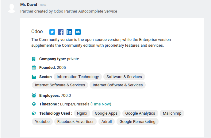 View of the information being shown about odoo with the autocomplete option in Odoo