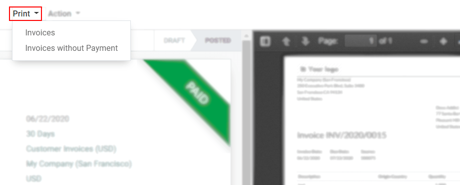 View of an invoice form emphasizing the menu print for Odoo Studio
