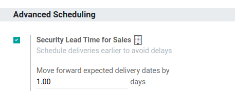 View of the security lead time for sales configuration from the sales settings