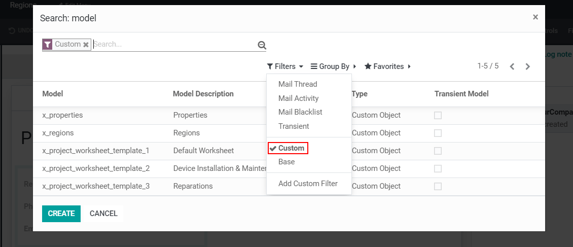 View of the search model window in Odoo Studio