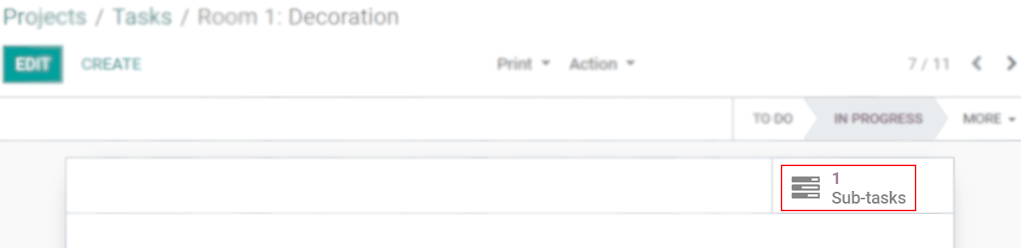 Overview of a task and the sub-tasks menu being shown in Odoo Project