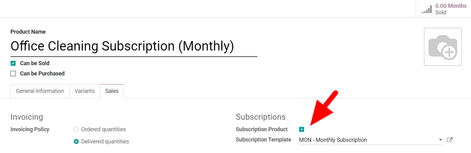 View of a subscription product form in Odoo Subscriptions