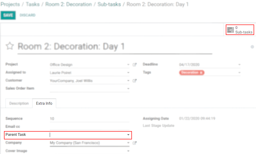 A tab extra info with a field parent task is being shown in Odoo Project